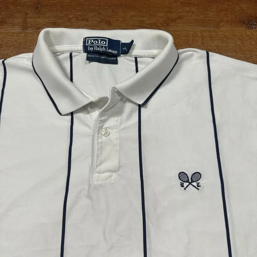 Vintage 90s Ralph Lauren Tennis Polo Shirt Mens L White Stripe Pima Cotton Peru